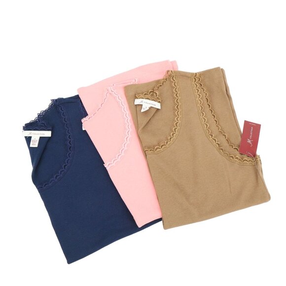 JM Collection Tops - New JM Collection Set of 3 Lace Trim Tank Top Brown Pink Navy M